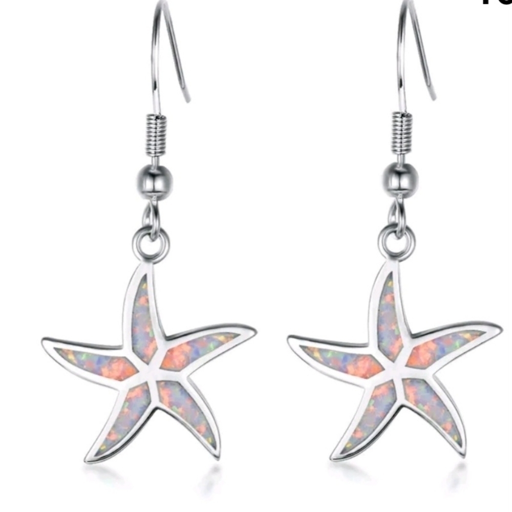 New Women's White Simulated Opal Starfish Silver Earrings